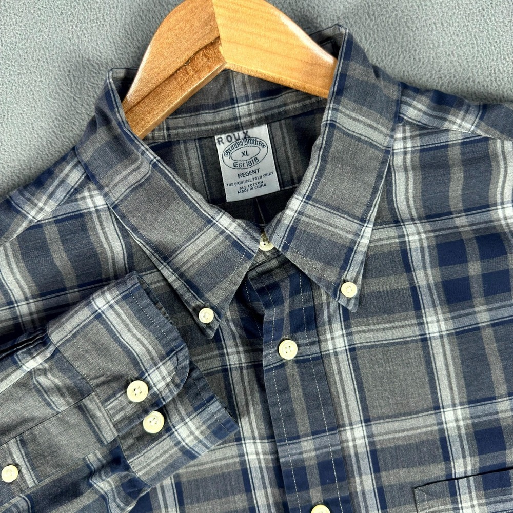 Brooks Brothers Shirt Mens XL Grey Blue Plaid Regent Fit Dress Office Formal